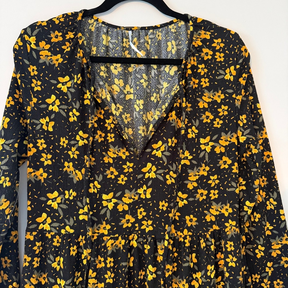 Free People Boho Floral Tiered Maxi Dress Black Yellow Womens Large - Picture 4 of 8